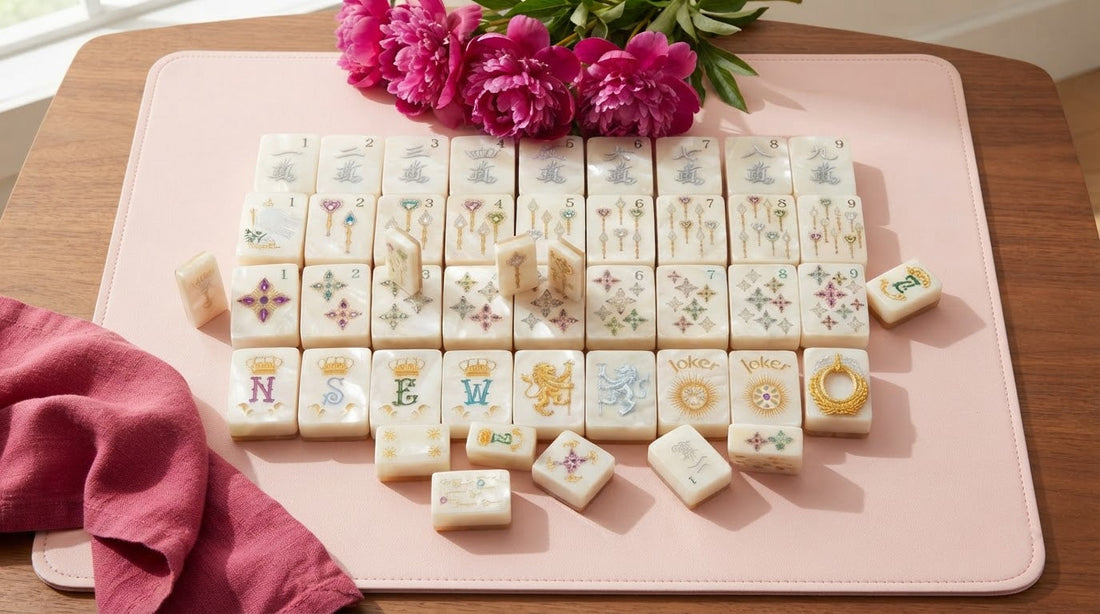 Four women enjoying a bold hot-pink mahjong set on a sunny glass-walled rooftop terrace