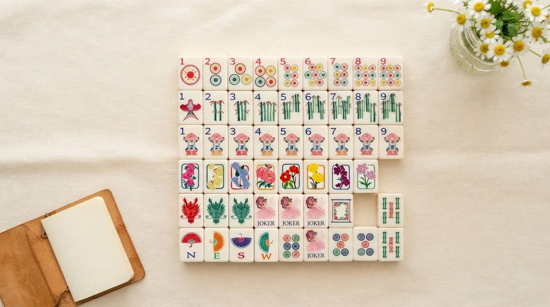 Newer player checking her tiles against a printed beginner's card at a church hall table