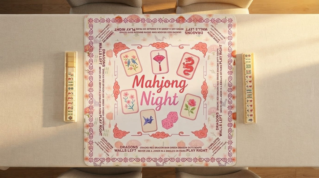 Woman smoothing a soft mat flat across a mahjong table in a bright VFW hall game room