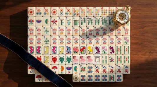 Woman smiling at the heavy clack of a tile set down on a bridge club parlor mahjong table