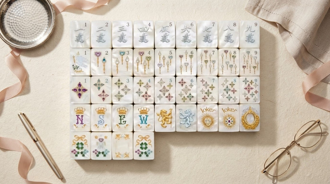 Four women in a sunlit sunroom sorting ivory mahjong tiles beside pearl racks and a folded floral mat