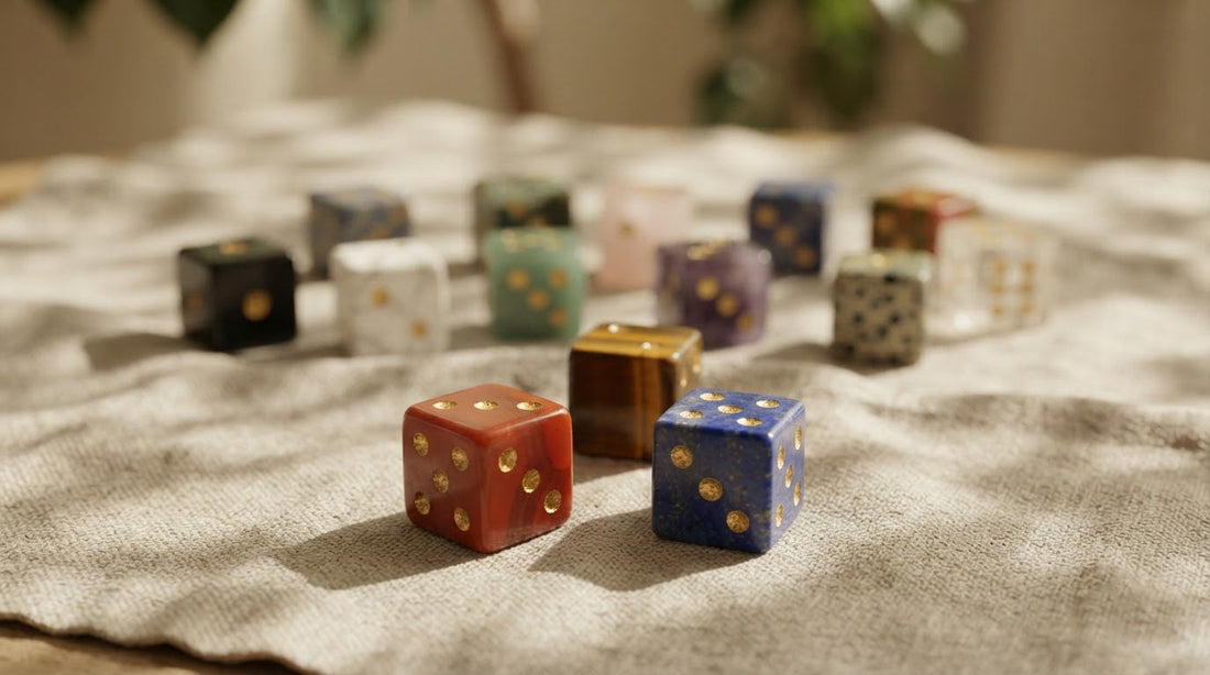 Four women at a clubhouse table rolling polished gemstone mahjong dice beside racks of ivory tiles