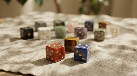 Four women at a clubhouse table rolling polished gemstone mahjong dice beside racks of ivory tiles