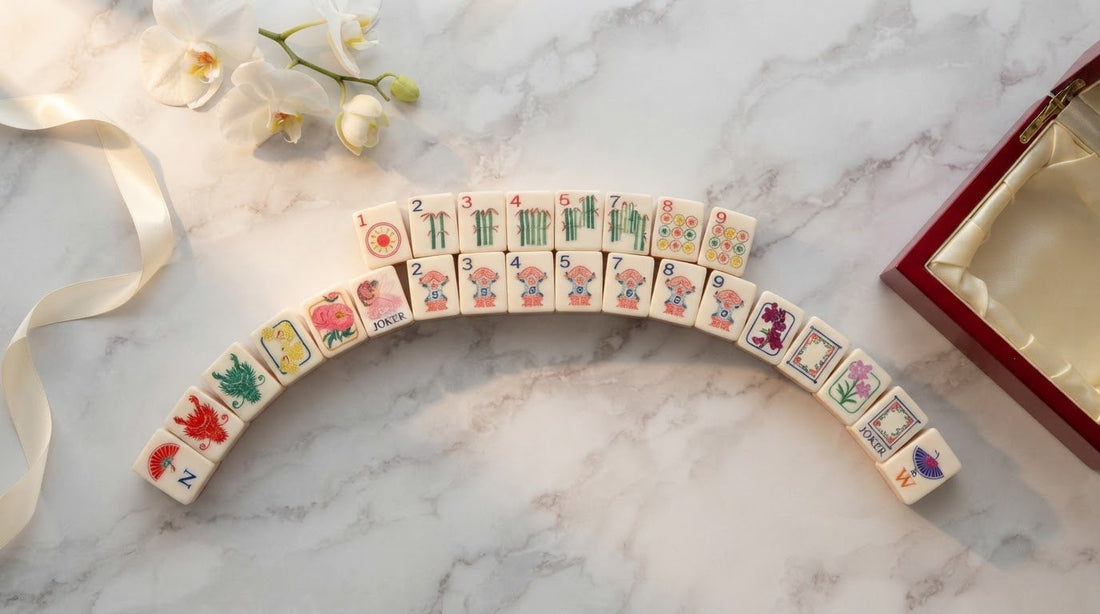 Four women at a country club table admiring a gift-wrapped mahjong set beside racks of tiles