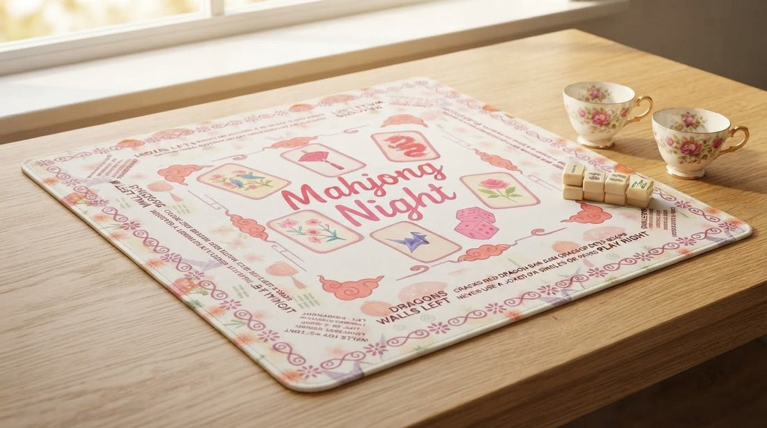 Four women unrolling a custom monogrammed mahjong mat beneath racks of ivory tiles
