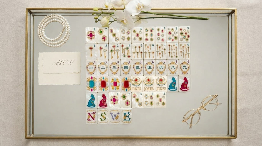 Four women admiring a designer mahjong set's ivory tiles at a sunlit retirement lounge table
