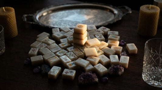 Four women at a hotel tournament table closely examining a fresh set of ivory mahjong tiles