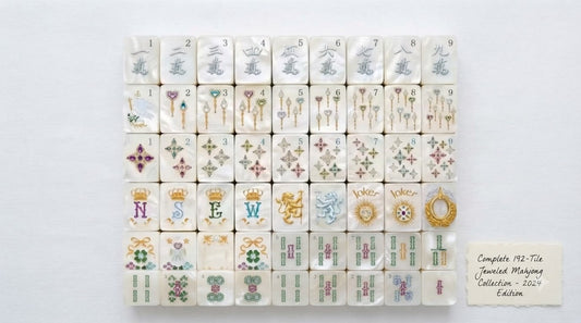 Four women counting a complete set of ivory mahjong tiles at a table in a church fellowship hall