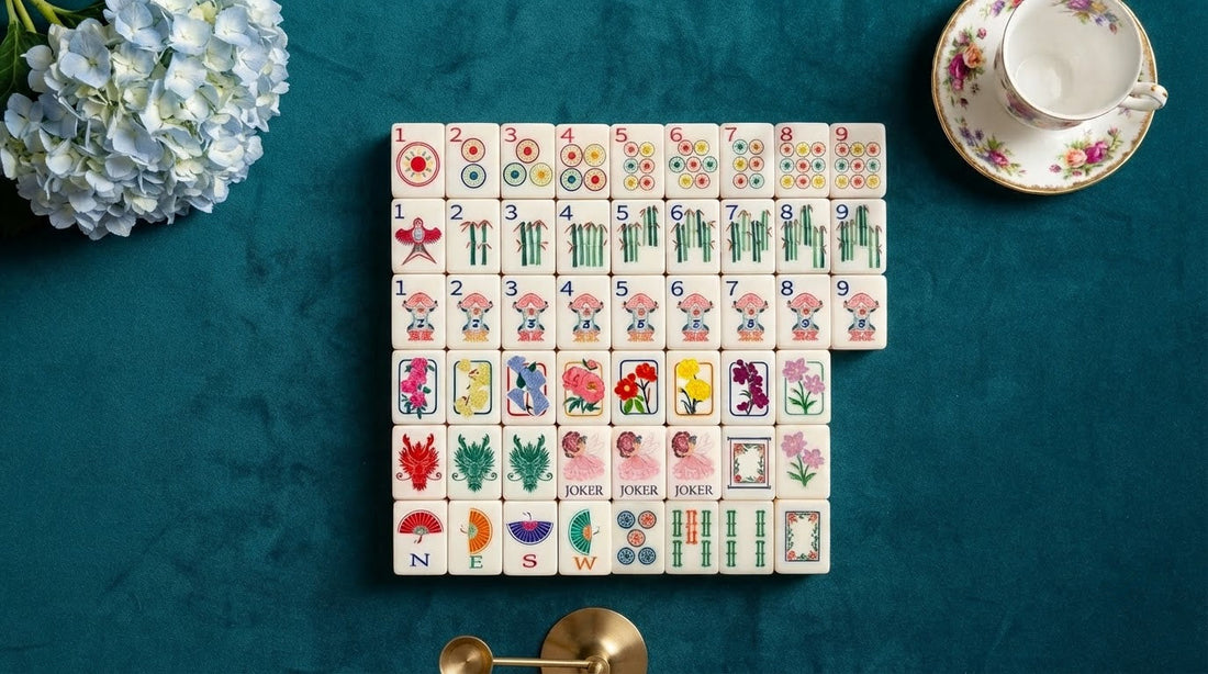 Four women playing mahjong with elegant ivory tiles in a historic inn's wood-paneled parlor
