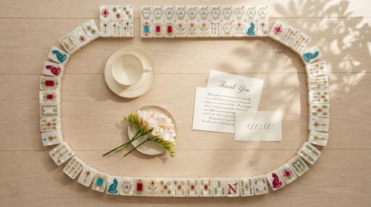 A guest presenting a wrapped hostess gift at a sunlit mahjong table with four women seated