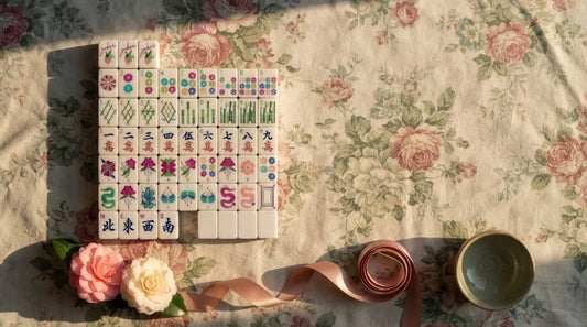 Four women admiring a stylish mahjong set at a rooftop clubhouse table with a summer skyline