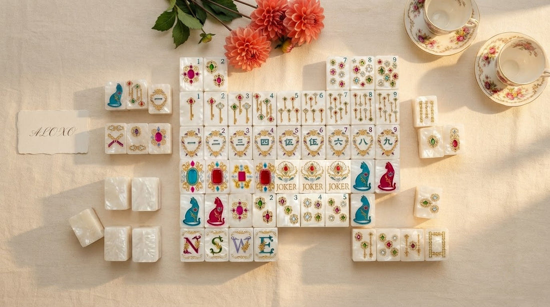 Four women laughing over a pink-hued mahjong set at a wine bar table in soft evening light