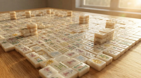 Four women comparing the weight and finish of ivory mahjong tiles at an alumni clubhouse table