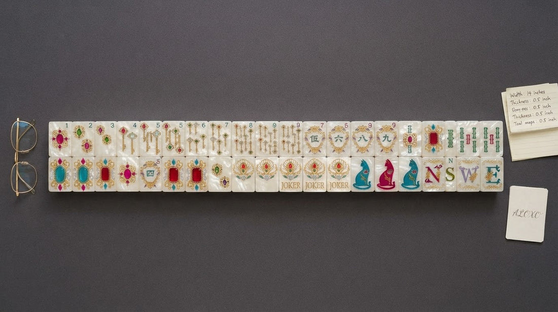 Four women in a library meeting room comparing the thickness of two mahjong tiles in autumn light
