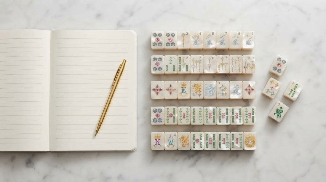 Four women in a sunny club card room comparing a premium mahjong tile with a plain plastic one