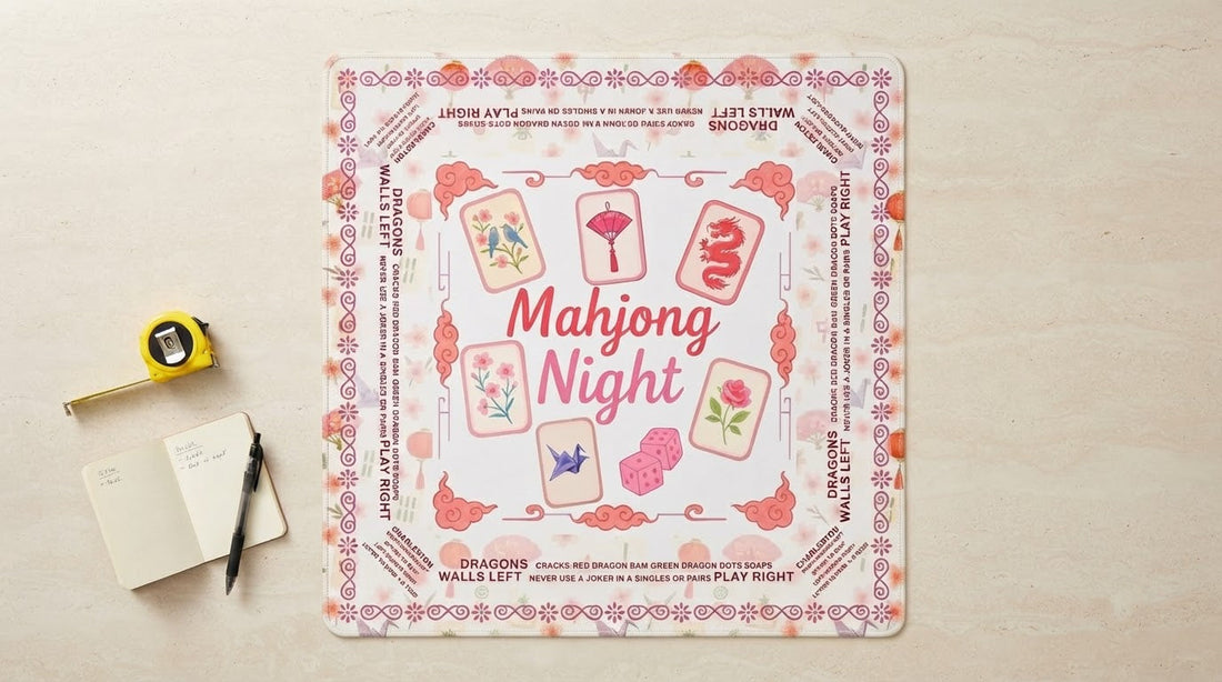 Four women in a bright lounge unrolling a new floral mahjong table mat on a winter afternoon