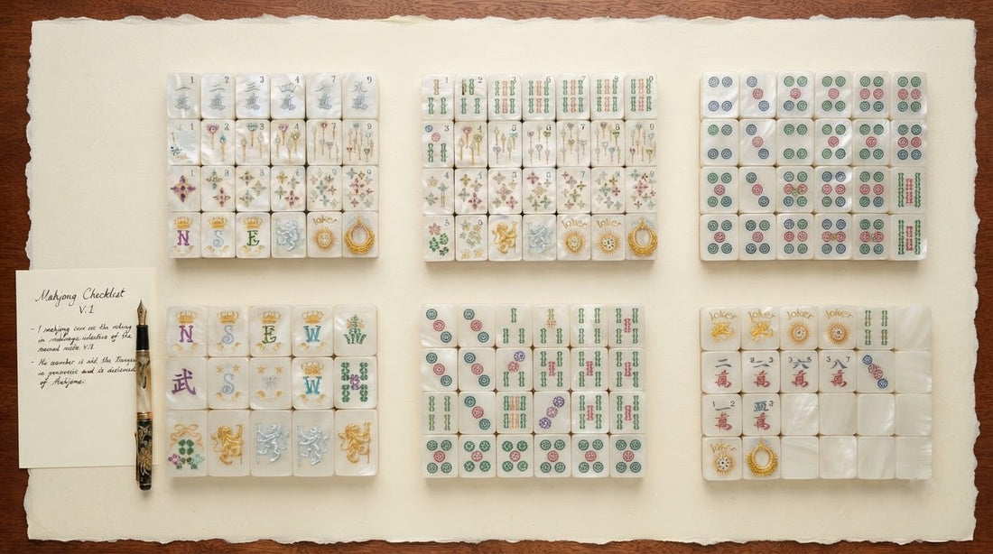 Four women at a fellowship hall table working through a printed checklist of mahjong accessories