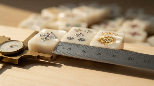 Four women in a bright sunroom measuring a mahjong tile with a small ruler on a spring morning