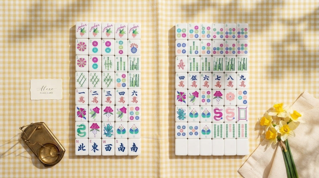Four women at a community center table passing a single mahjong tile around to feel its weight