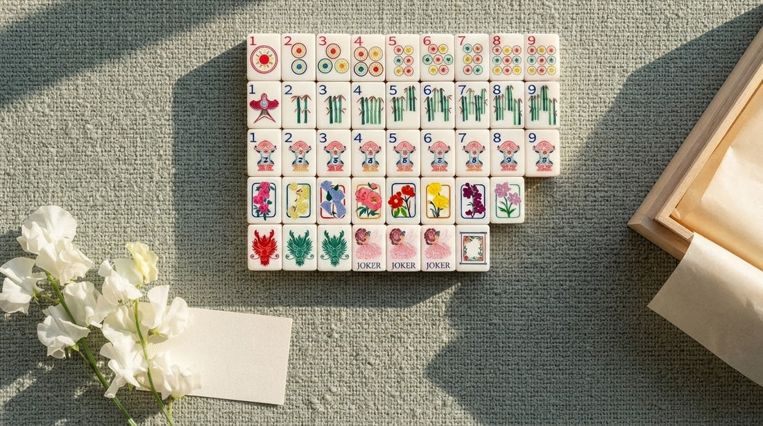 Four women in a warm lounge admiring a custom monogrammed mahjong tile passed between them