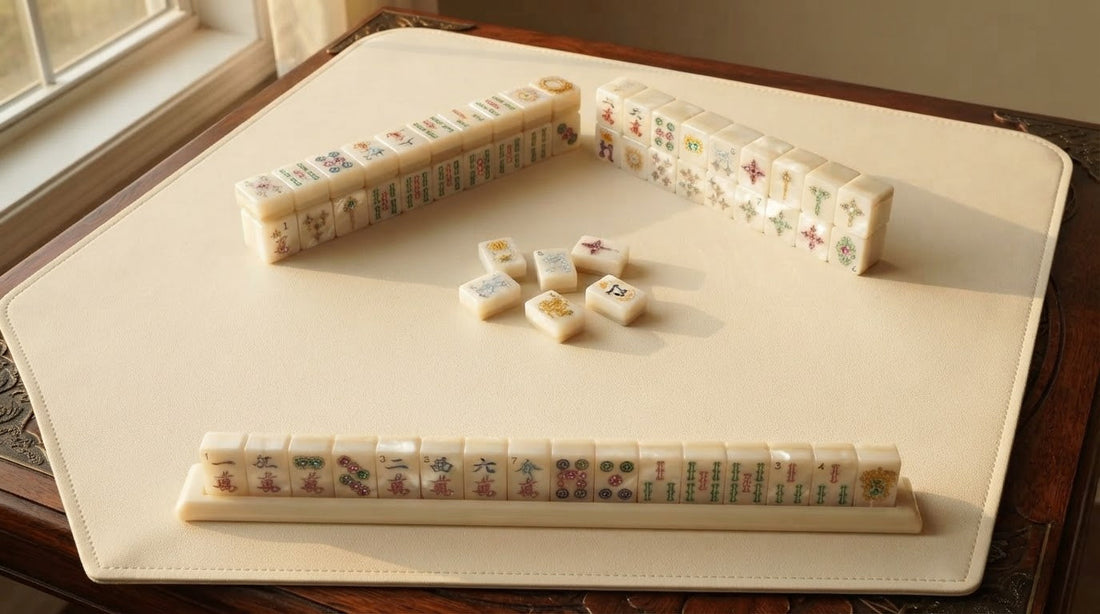 Four women at a senior center table checking their mahjong tiles against an official rules card