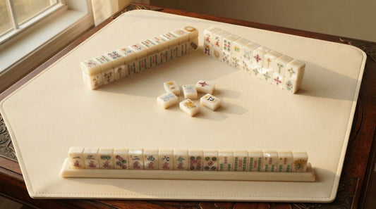 Four women at a senior center table checking their mahjong tiles against an official rules card