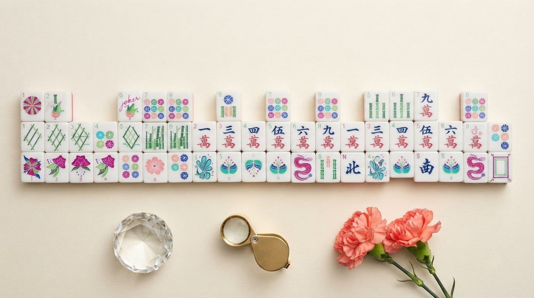Four women in a sunroom holding a fresh acrylic mahjong tile up to the window light