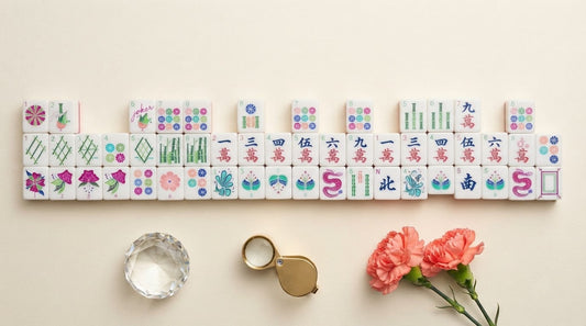 Four women in a sunroom holding a fresh acrylic mahjong tile up to the window light