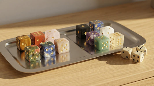 Four women in a library meeting room shaking a small cup of gemstone dice before a game
