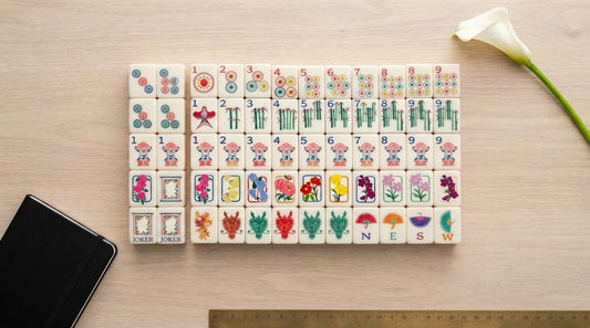 Four women in a modern activity room admiring a contemporary-styled set of mahjong tiles