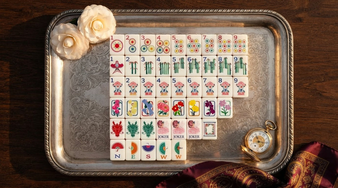 Four women admiring a newly unboxed luxury mahjong set in a sunlit retirement community lounge