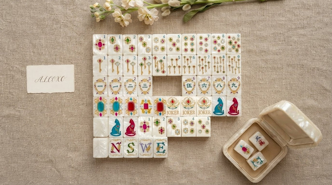 Four women searching for a missing mahjong tile among spares at a library meeting room table