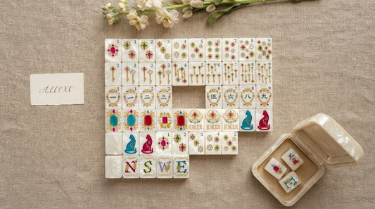 Four women searching for a missing mahjong tile among spares at a library meeting room table