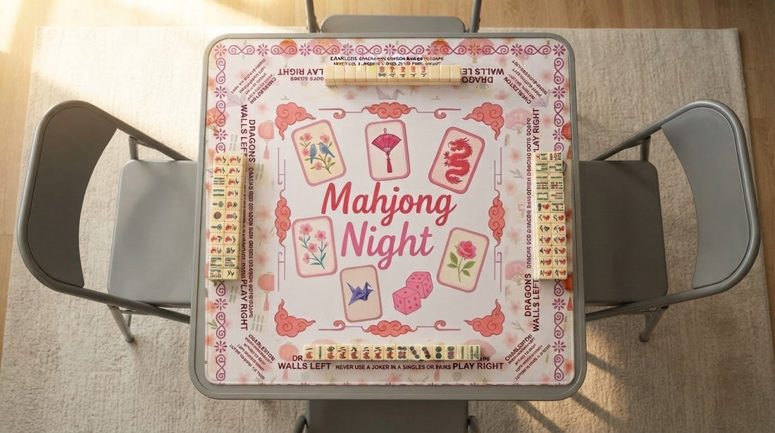 Four women setting up a square card table for mahjong on a sunny screened summer porch