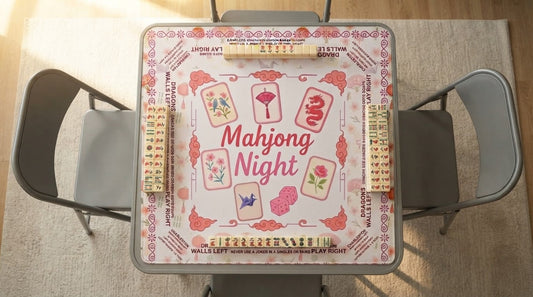 Four women setting up a square card table for mahjong on a sunny screened summer porch