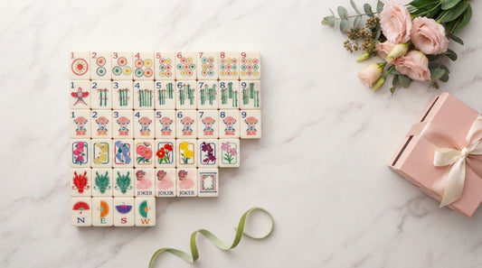 Four friends gathered as one unwraps a gift mahjong set in a warmly lit winter party room