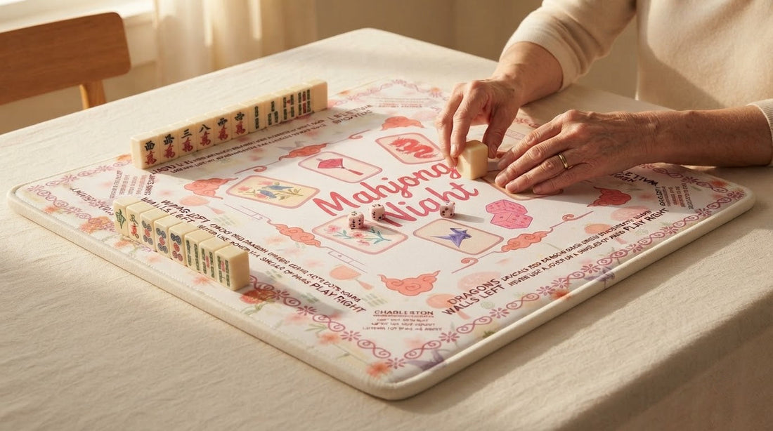 Four women unrolling a thick mahjong mat in a bright high-rise apartment lounge
