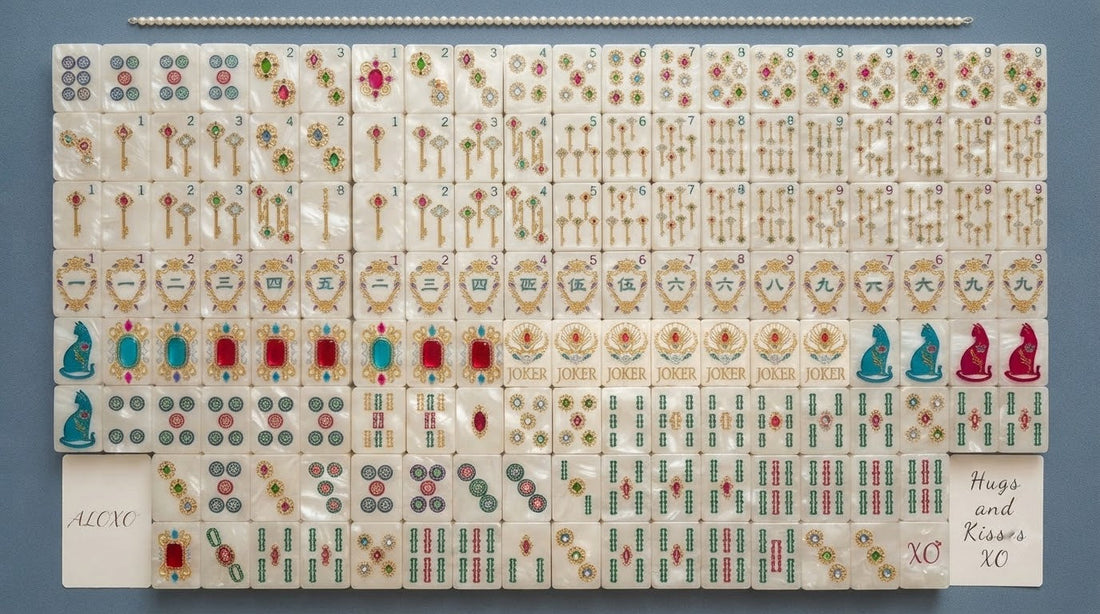 Four women counting out a full 160-tile mahjong set at a sunlit country club table