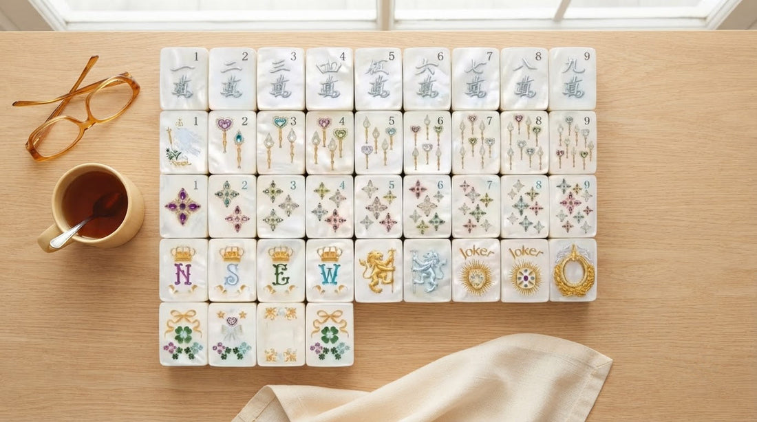 Four women reading their mahjong tiles comfortably in a sunlit retirement community lounge