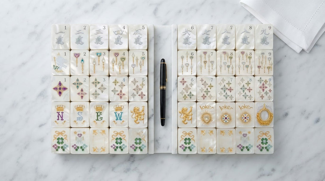 Four women comparing mahjong tiles of different materials by window light in a library room