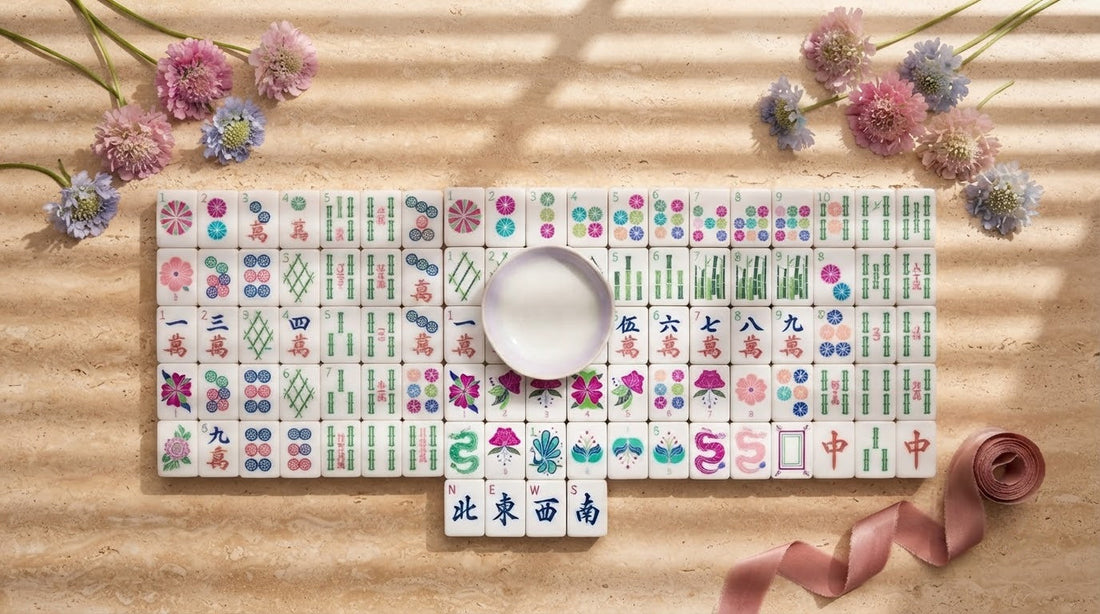 Four women admiring a newly arrived mahjong set in a bright plant-filled spring sunroom