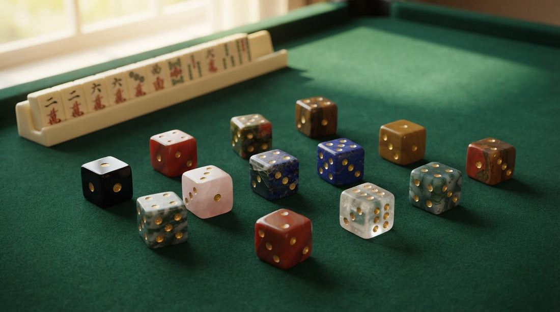Four women admiring natural gemstone mahjong dice in a sunlit retirement community lounge