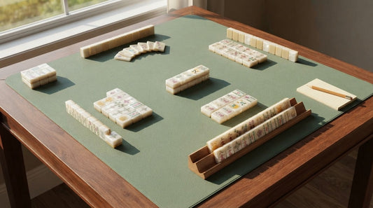 Four women unpacking a complete mahjong set with matching racks, mat, and dice indoors