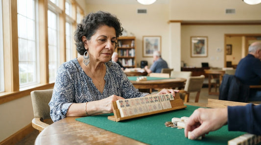Four women laughing as one turns her winning row face up in a sunlit retirement lounge