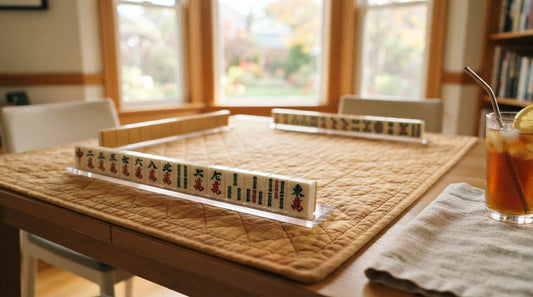 Four women at a library meeting room mahjong table, one laying a run along her rack