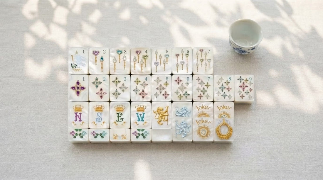 Four women at a hotel tournament table, cards propped and tiles sorted on the racks