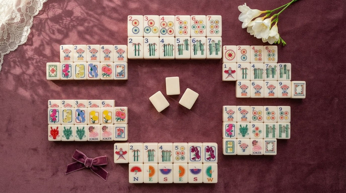 Two players pass face-down tiles across a synagogue hall mahjong table as others watch