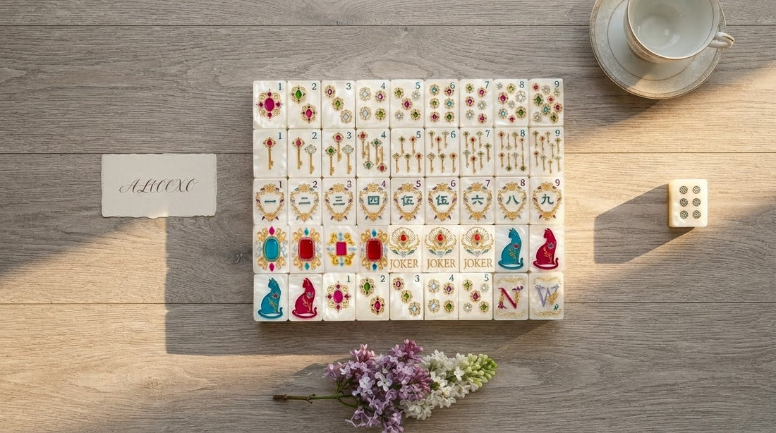 Four women reach for the same tile at a greenhouse mahjong table on a spring morning