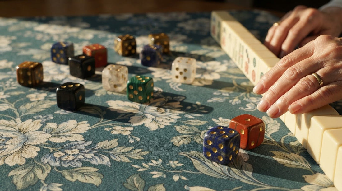 Four women read a dice roll at a veterans hall mahjong table on an autumn afternoon