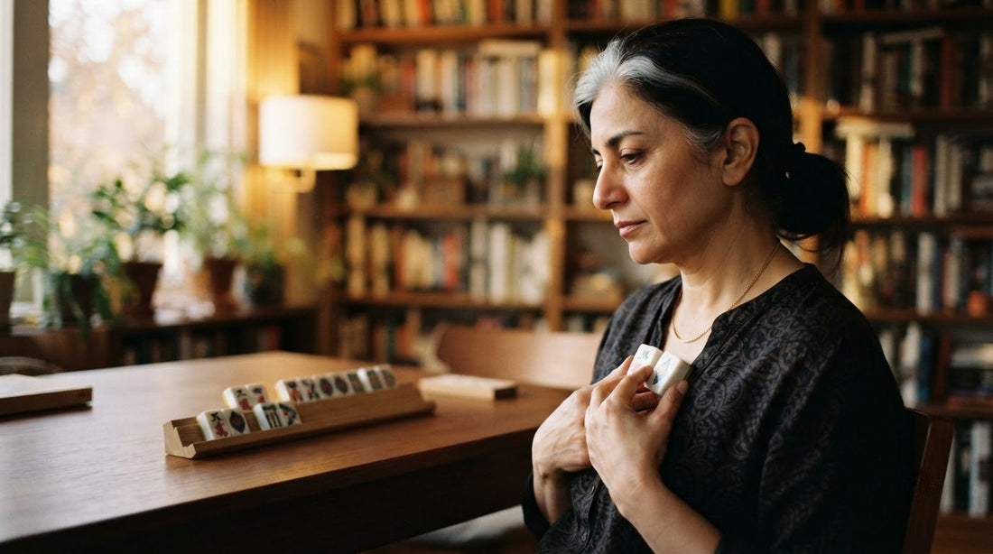 Four women study their racks at a light-filled art studio loft mahjong table